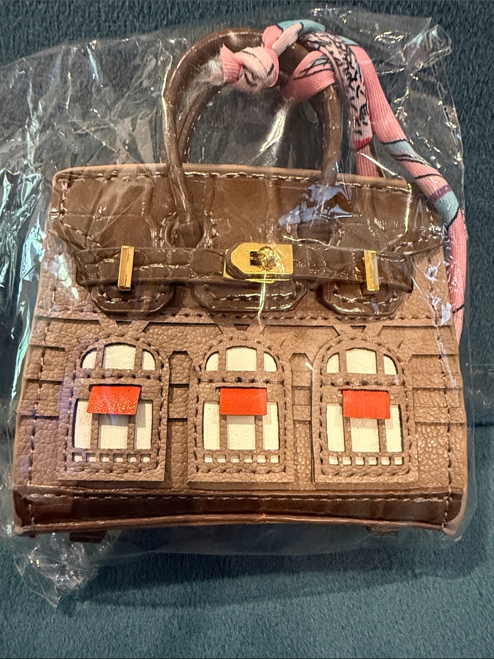 Women’s Tan Decorative Mini Tote Bag with Pink Scarf Accent